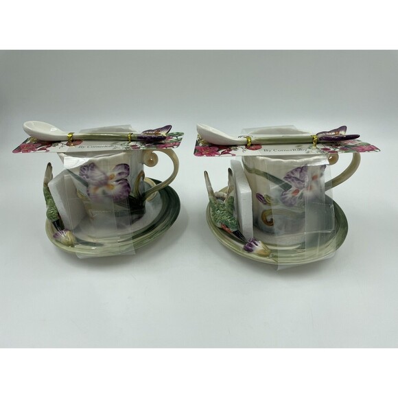 2-PC CORNER RUBY BOTANICAL COLLECTION COLIBRI TEA CUP  W BUTTERFLY SPOON SET N06 - Picture 9 of 10